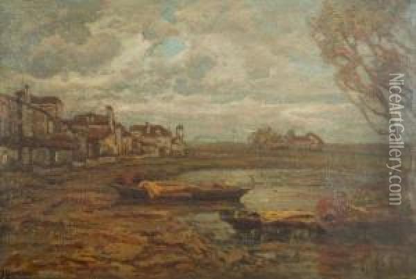 Scorcio Di Paese E Laghetto Con Barche In Primo Piano Oil Painting - Francesco Sartorelli