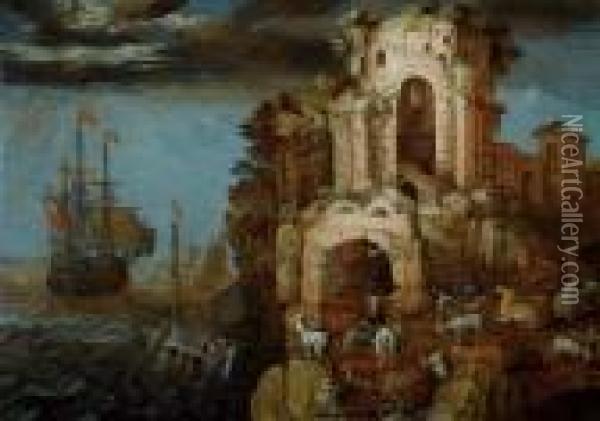 Coast Landscape With Ruins. Oil Painting - Roelandt Jacobsz Savery