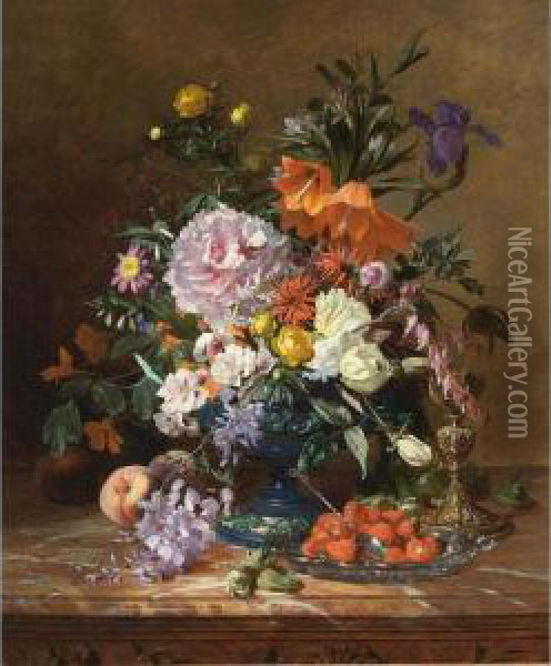 A Still Life With Flowers And Fruit Oil Painting - David Emil Joseph de Noter