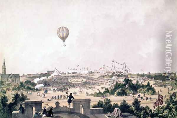 A hot air balloon over Fancy Fair Princess Park Liverpool Oil Painting - John R. Isaac