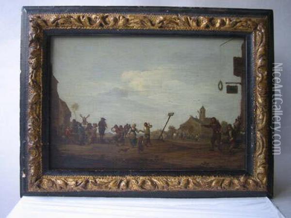 Flemish A Village Kermesse Or 
Fete Oil On Oak Panel Bears Old Wax Seal To Reverse 19.5 X 28.5 Cms 
Illustrated Oil Painting - David The Younger Teniers