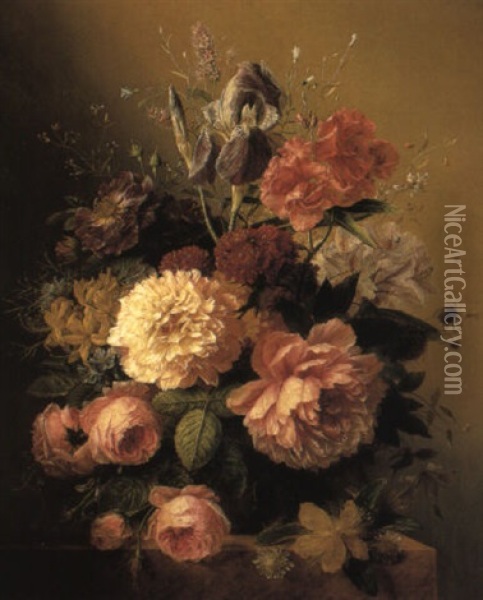 Roses, Peonies And Other Flowers In A Terracotta Vase On A Stone Ledge Oil Painting - Arnoldus Bloemers