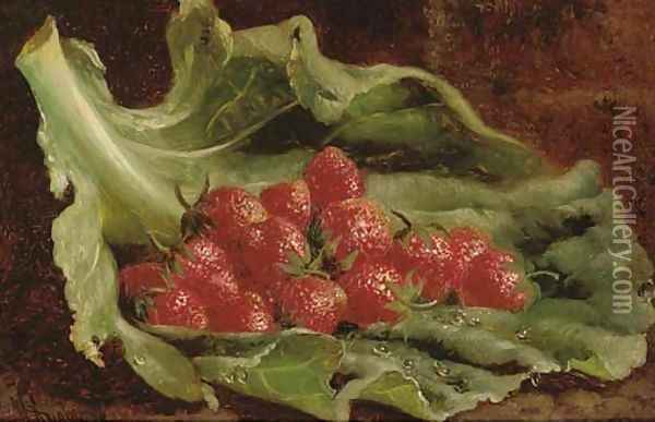 Strawberries on a leaf Oil Painting - William Hughes