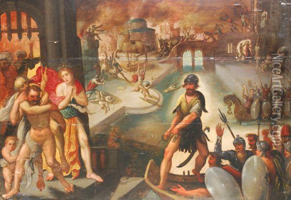 Aeneas And The Aeneadsfleeing The Burning City Of Troy Oil Painting - Jacob I De Backer
