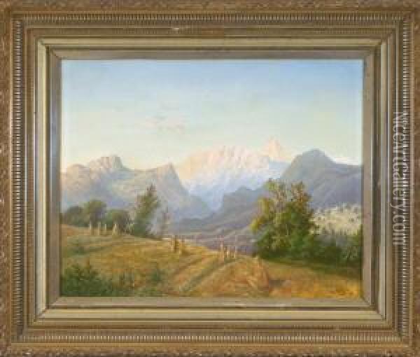 Getreidegarben Vor Weiter Landschaft Mit Blick Zum Hochgebirge Im Abendlicht Oil Painting - Otto Stoger