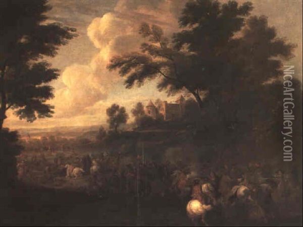 Choc De Cavalerie Devant Un Chateau Oil Painting - Adam Frans van der Meulen