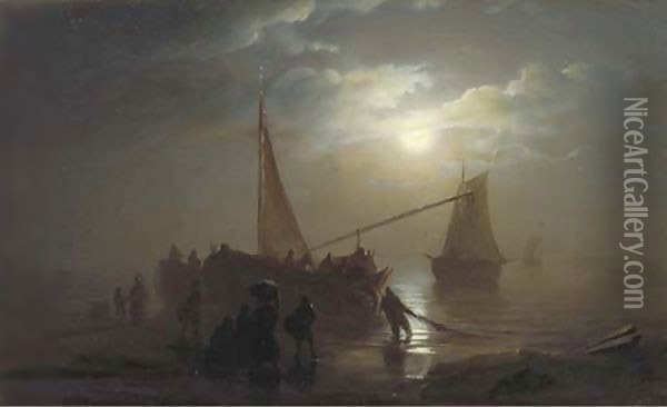 Nocturne the arrival of the fishing fleet Oil Painting - Petrus van Schendel