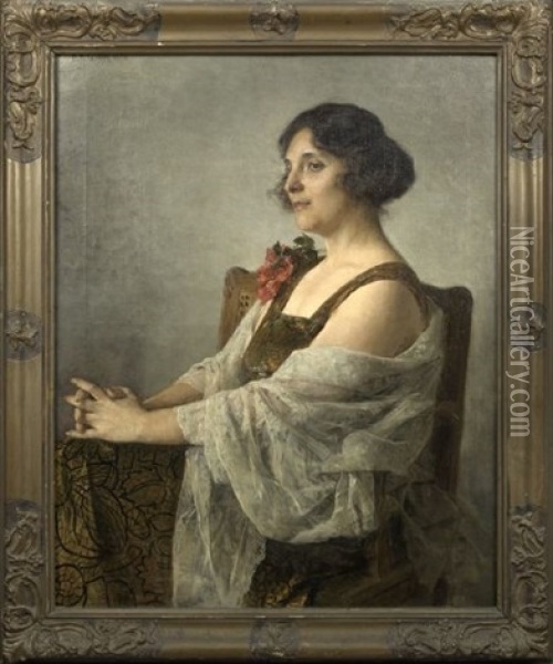 Portrait Of A Lady Wearing A Floral Dress Oil Painting - Karl Friedrich Gsur