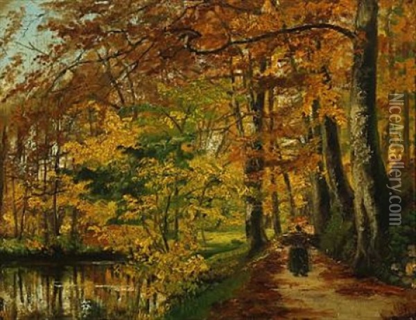 Autumn Forest With Woman On A Path Collecting Firewood Oil Painting - Hans Michael Therkildsen