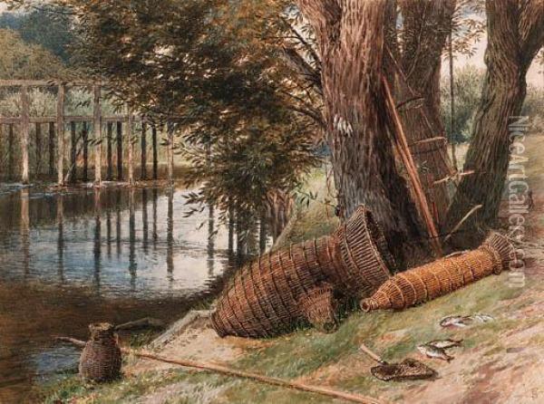 Eel Pots, On The Banks Of A River Oil Painting - Myles Birket Foster