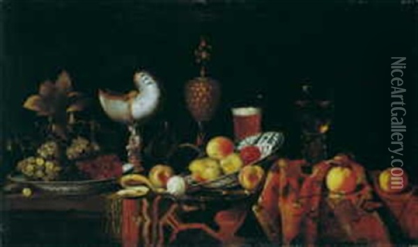 Prunkstilleben Mit Nautilus- Und Ananaspokal Und Fruchten Oil Painting - Georg Hainz