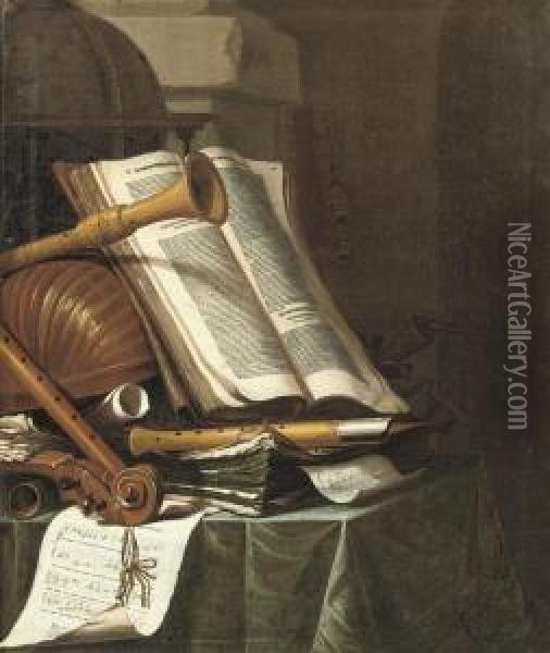 Books, A Globe And Musical Instruments On A Draped Table Oil Painting - Jan Vermeulen