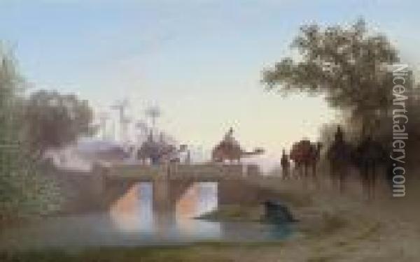 A Camel Train Crossing A River Oil Painting - Charles Theodore Frere