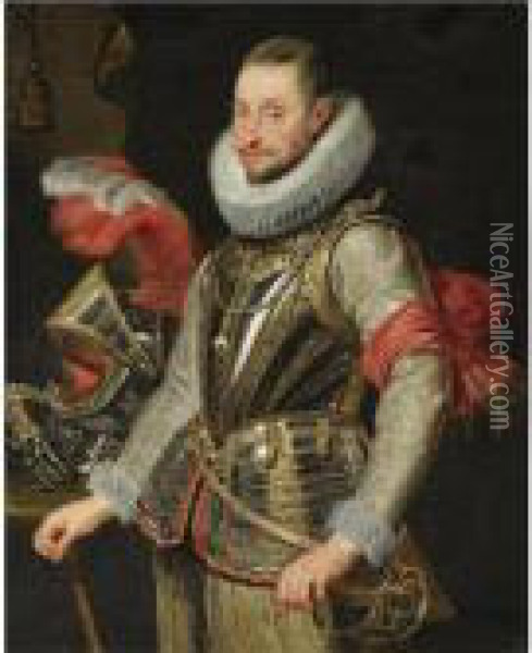 Portrait Of General Ambrogio 
Spinola (1569-1630), Standing Half-length, Wearing A Gold Embroidered 
Doublet, With A Breastplate And The Order Of The Golden Fleece, Next To A
 Helmet Oil Painting - Peter Paul Rubens