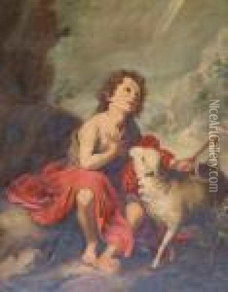 The Infant John The Baptist With A Lamb Oil Painting - Bartolome Esteban Murillo
