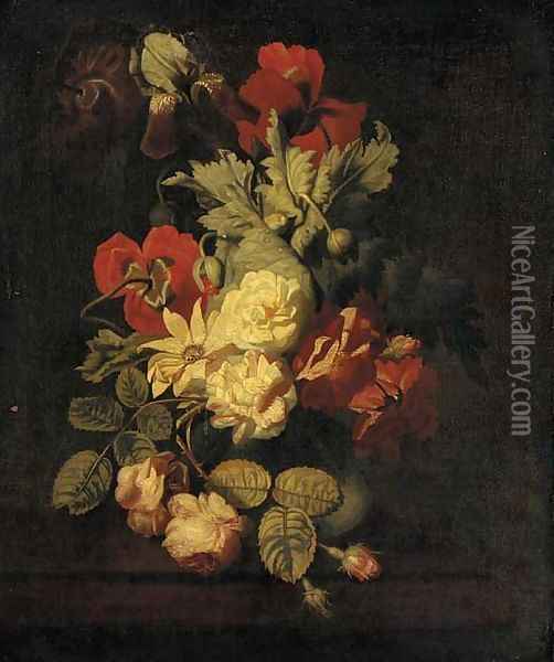 Roses and other flowers in a vase on a ledge Oil Painting - Elias van den Broeck