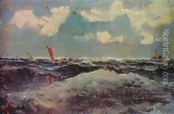 Segelbatar Till Havs Oil Painting - Gustaf Albert