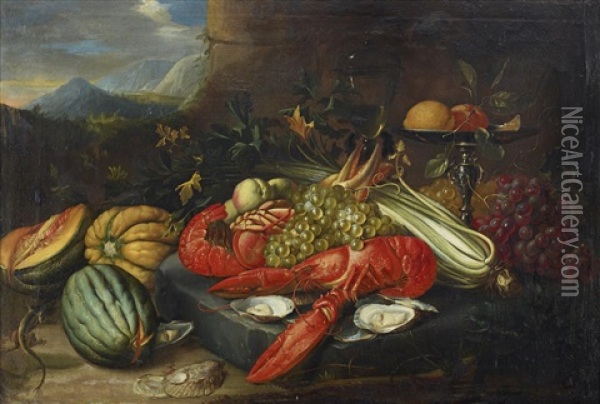 Still Life With Lobster And Fruits Oil Painting - Alexander Coosemans