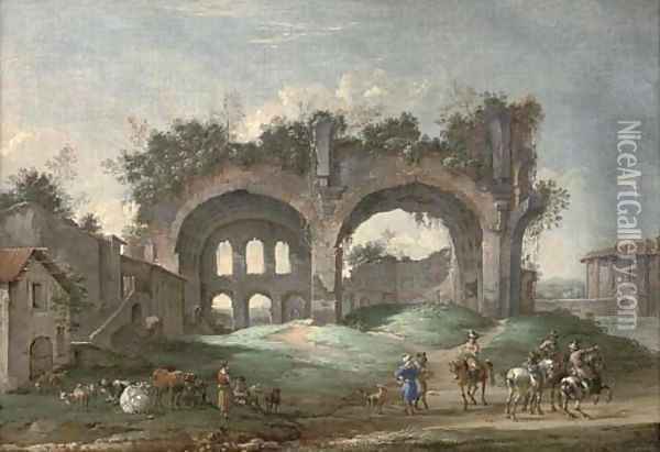 A classical Roman capriccio with travellers near the Temple of Vesta and other ruins Oil Painting - Jacob Van Der Ulft