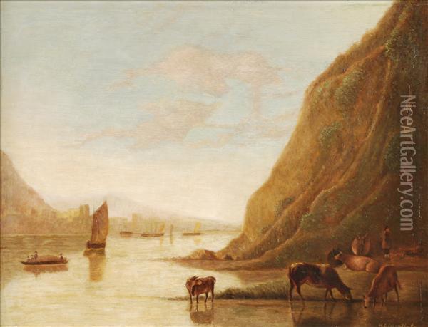 Estuary Scene With Cattle Watering Oil Painting - H Lowenthal