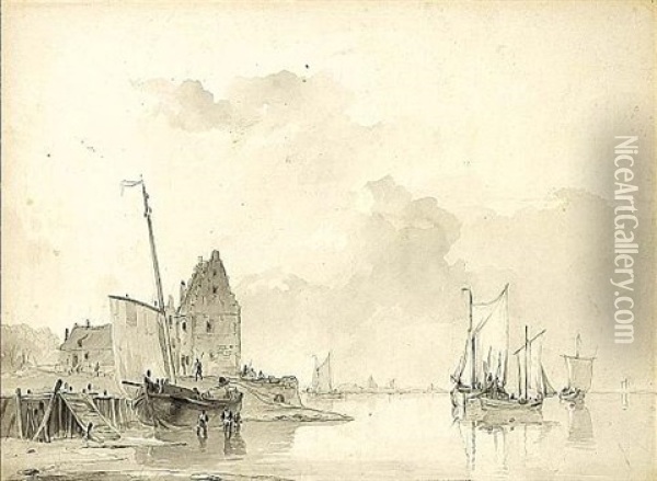 Boats Along The Quay At Low Tide Oil Painting - Christiaan Lodewijk Willem Dreibholtz