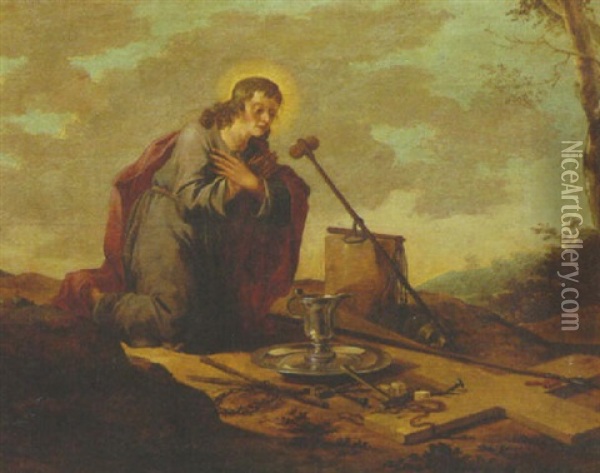 The Youthful Christ Contemplating The Instruments Of The Passion In A Landscape Oil Painting - Aert Jansz Marienhof