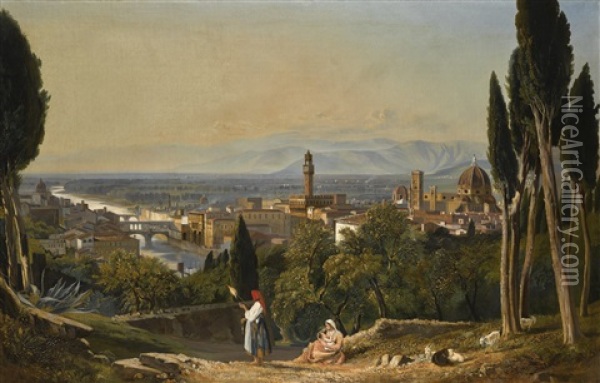 Florence, A View Of The City And The River Arno From San Miniato Oil Painting - William James Mueller