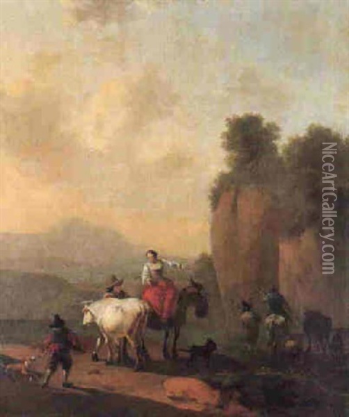 A Woman On A Mule Conversing With A Drover With A Bull, Herdsmen And Their Livestock Oil Painting - Willem Romeyn