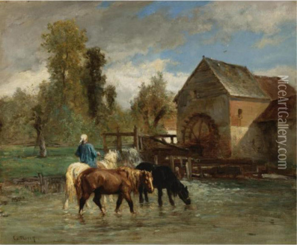 Watering The Horses Oil Painting - Constant Troyon