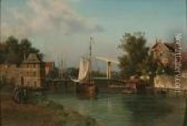 Stadsgezicht Met Rivier En Zeilboot Oil Painting - Johannes Josephus Destree