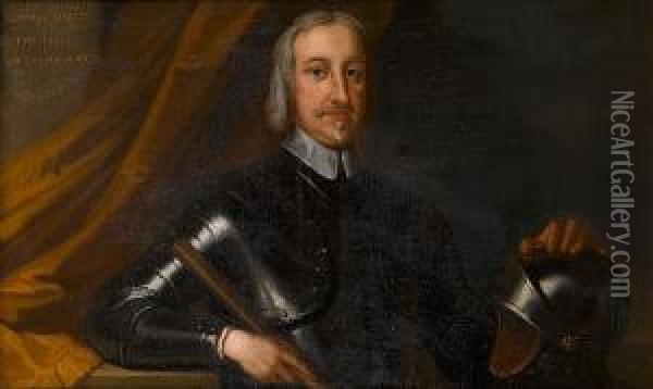 Portrait Of A Gentleman, Said To Be Conyers D'arcy, The First Earl Of Holderness, Half-length, In Armour, Holding A Baton And His Hand Resting On A Helmet, Standing Before A Curtain Oil Painting - Robert Walker