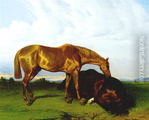 Two Horses Oil Painting - Alfred De Dreux