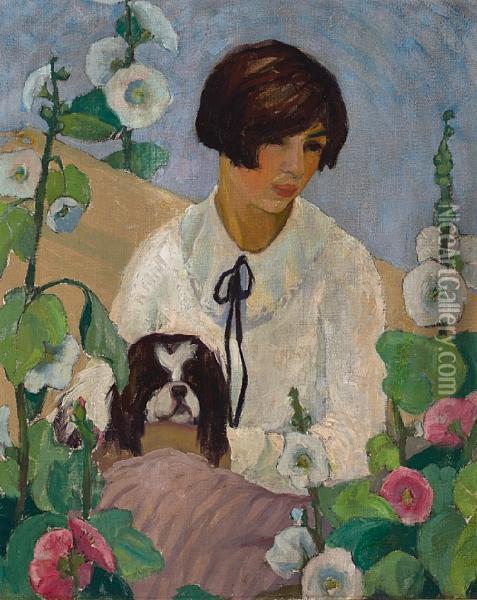 A Girl With Her Dog Oil Painting - Alice Beard