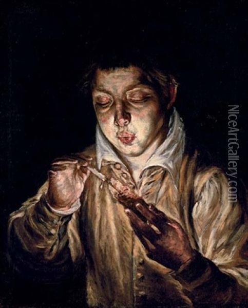 El Soplon - Boy Lighting A Candle Oil Painting -  El Greco