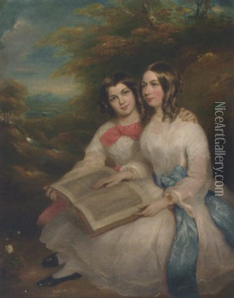 Portrait Of Rebecca And Gertrude Bates In White Dresses, With An Album Of Drawings On Their Laps, In A Wooded Landscape Oil Painting - Marshall Claxton