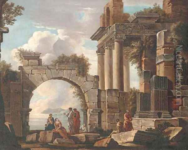 A capriccio of classical ruins with figures conversing, a lake beyond Oil Painting - Giovanni Paolo Panini