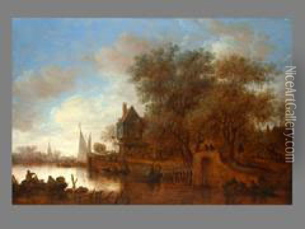Flusslandschaft Mit Fischern Vor Wirtshaus Mitpersonenstaffage Oil Painting - Jan van Goyen