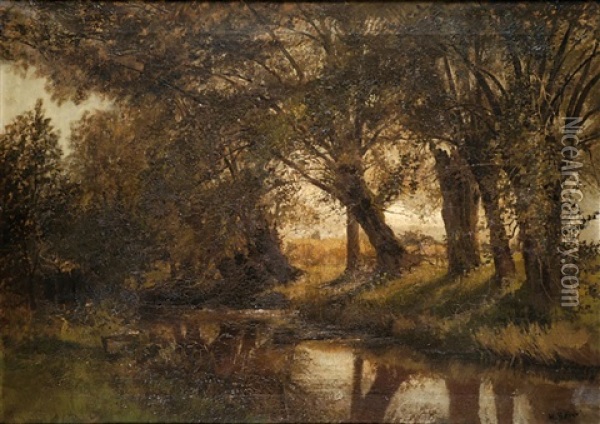 Baumbestandenes Flussufer Oil Painting - Hermann Baisch
