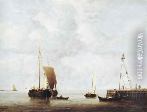 A Dutch Hoeker at Anchor near a Pier Oil Painting - Willem van de Velde the Younger