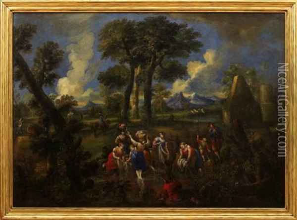 Expansive Arcadian River Landscape With Laundresses In The Foreground Oil Painting - Nicolas Poussin
