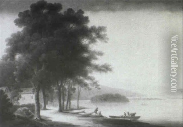 Figures At The Water's Edge In A Wooded Lake Landscape Oil Painting - John Rathbone