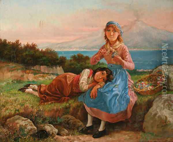 Two girls resting on a bank with a basket of flowers, Vesuvius and the bay of Naples beyond Oil Painting - Neopolitan School