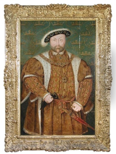 Portrait Of Henry Viii, Wearing Emeralds, Rubies, Sapphires, Ermine And Cloth Of Gold Oil Painting - Hans Holbein the Younger