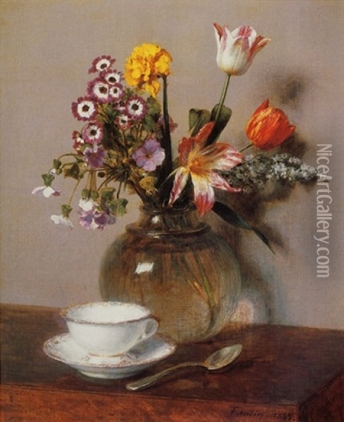 Vase De Fleurs Avec Une Tasse De Cafe Oil Painting - Henri Fantin-Latour