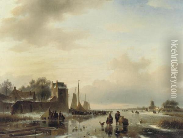 A Busy Day On The Ice Oil Painting - Jan Jacob Coenraad Spohler