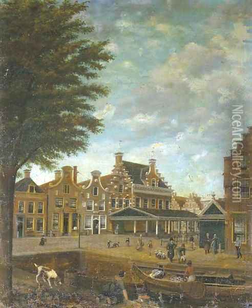 A canal in a Dutch town with merchants loading a vessel and other figures strolling in the streets Oil Painting - Dutch School