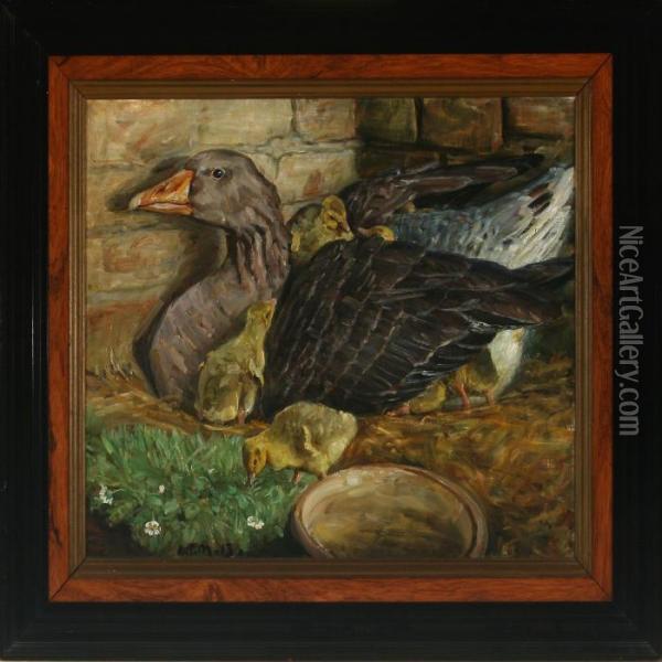 A Goose With Her Goslings Oil Painting - Niels Pedersen Mols