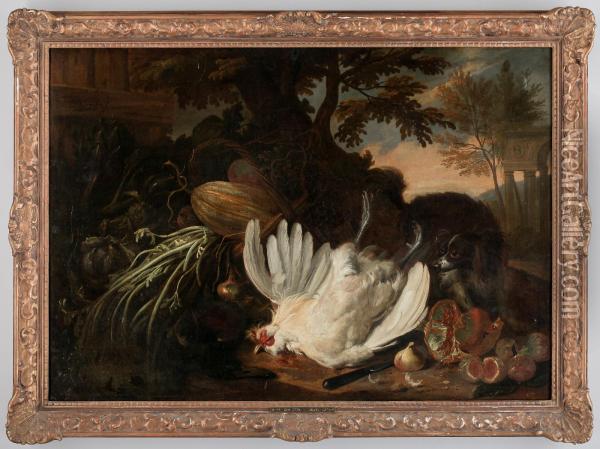 Still Life With Hen, Vegetables And Dog Oil Painting - Adriaen de Gryef