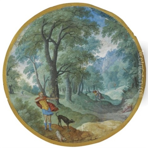 Wooded Landscape With Silvio And Dorinda Oil Painting - Hans Bol