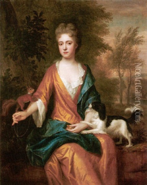 Portrait Of A Lady Seated With Her Dog In A Landscape, Wearing A Gold Dress And Blue Robes Oil Painting - Thomas Murray